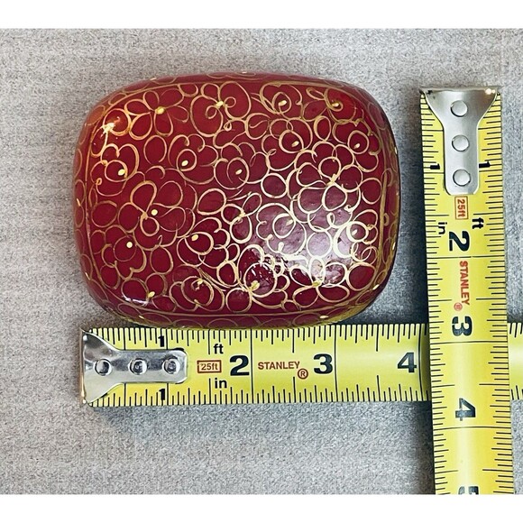 Vtg Handmade Paper Mache Burgundy Red Gold Floral Swirls Trinket Box 3.5"x3"x1.7 - Picture 4 of 6